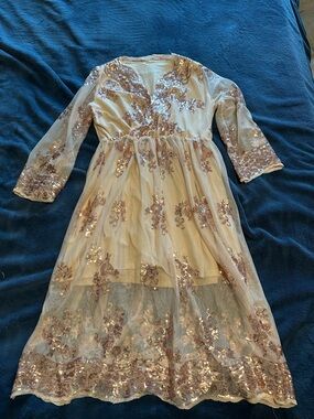 Embellished Midi Dress with Sequin Floral Overlay - Blush